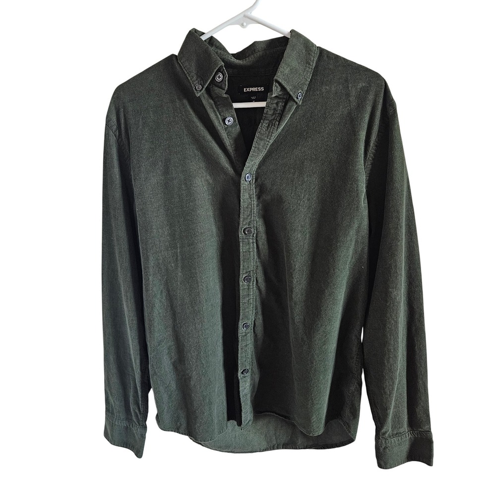 Express Mens Olive Green Corduroy Button Down Shirt Size Medium 100% Cotton